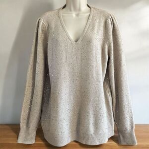 LOFT Women's Beige Gold Sequins V-Neck Soft Knit Pullover Long Sleeve Sweater